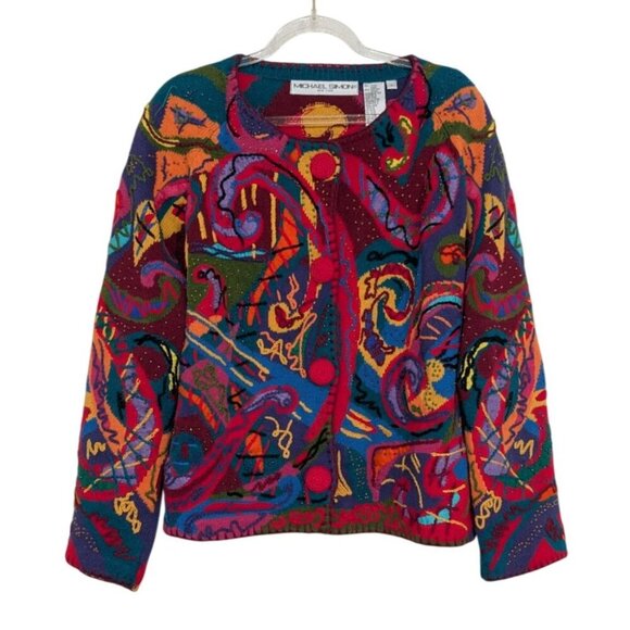 Vintage 90s Michael Simon Artsy Beaded Cardigan Womens Size Small Embroidered - Picture 1 of 12